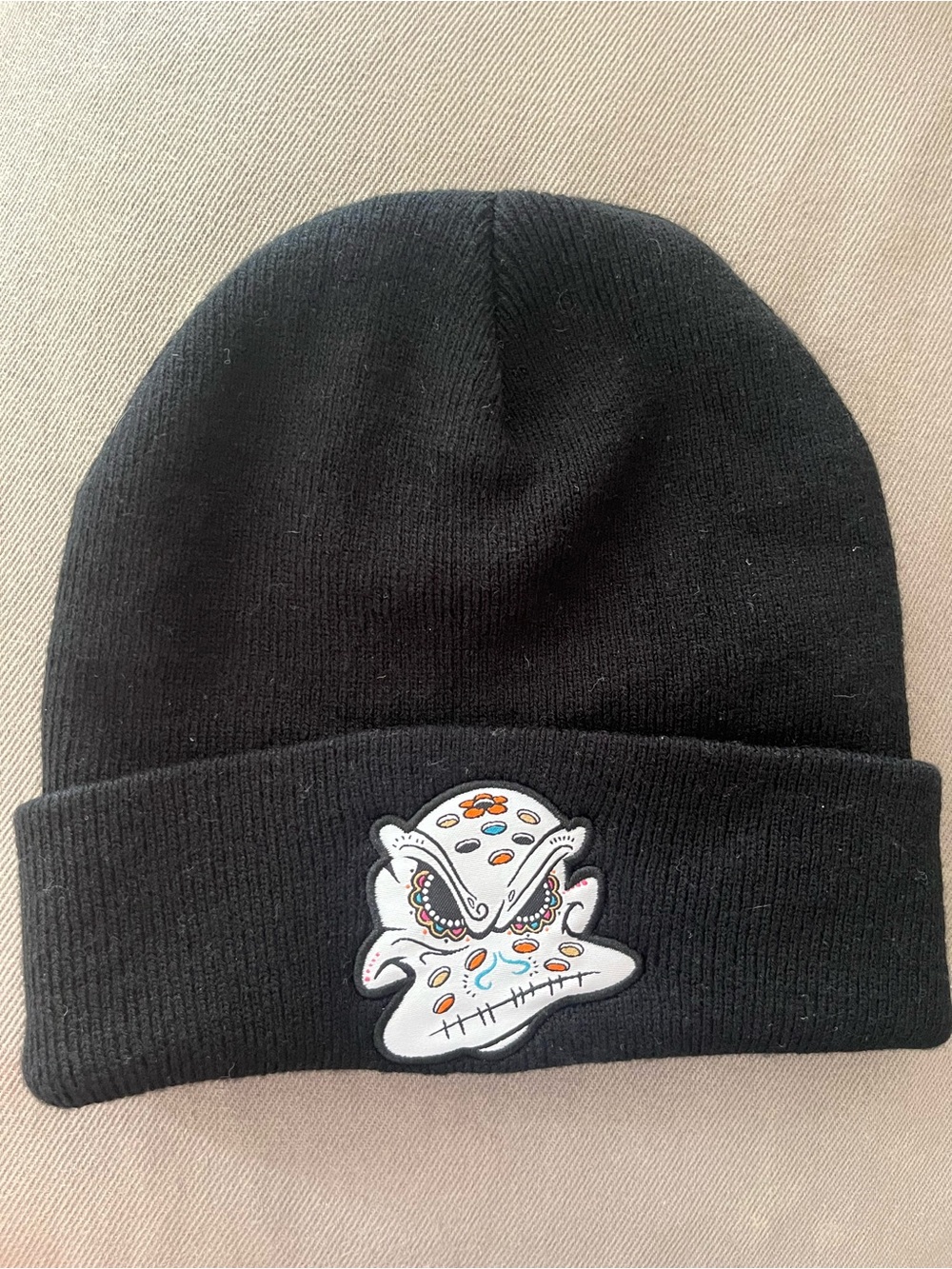 Black Knit Beanie with Colorful Sugar Skull Patch